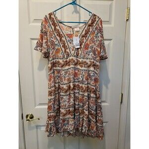 New With Tags Bila Women's Floral Paisley Short Tiered Dress Size L Fruit Punch